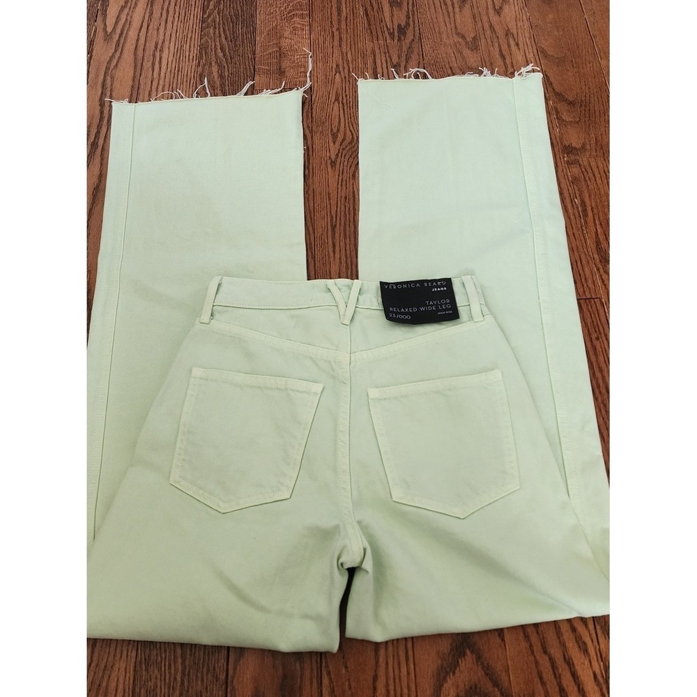 Veronica Beard Taylor Wide Leg Jeans Womens 23 Green Pistachio High Rise Raw Hem - Picture 12 of 14